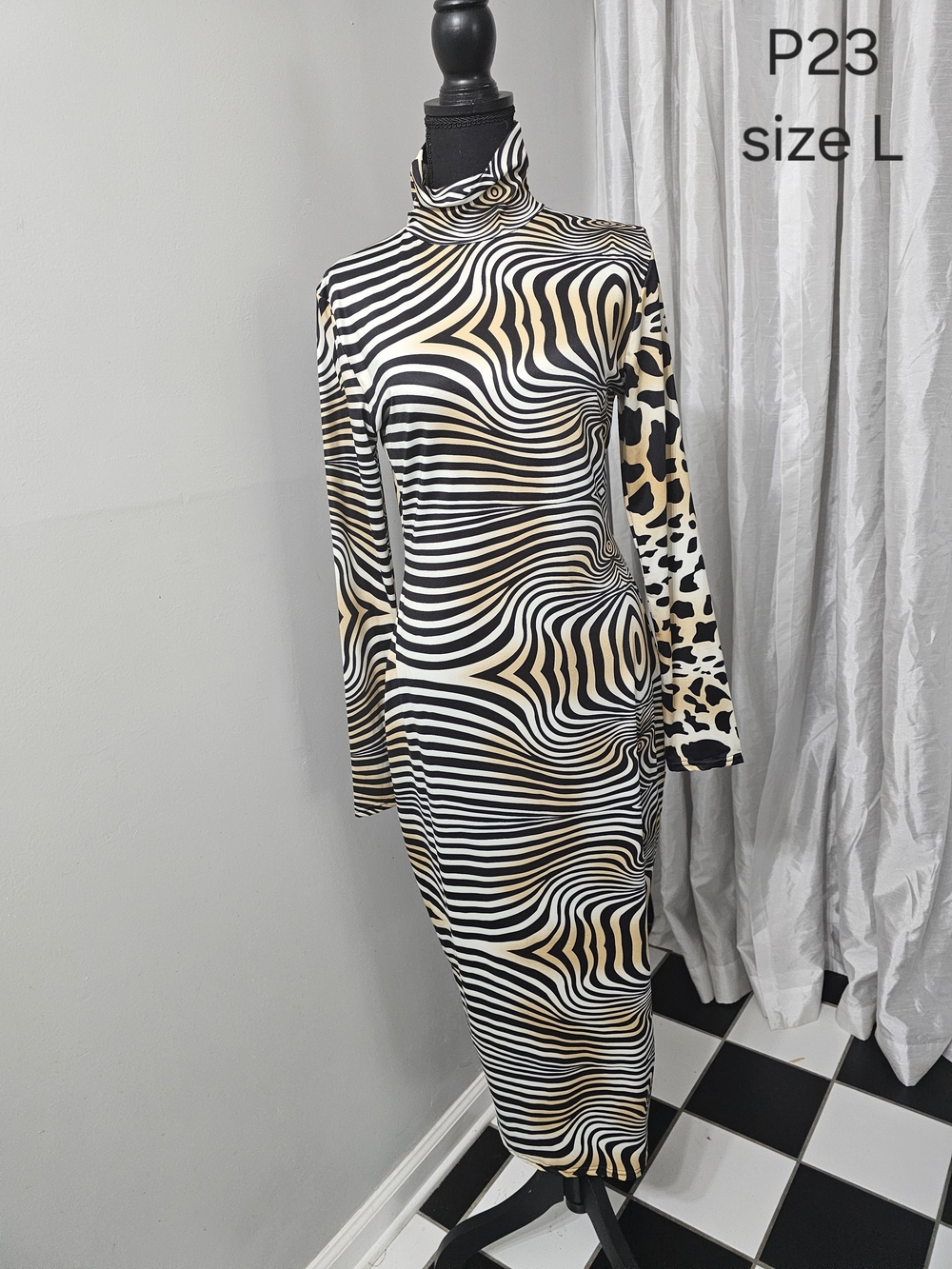 Abstract Zebra Print Turtleneck Midi Dress - Black & Cream